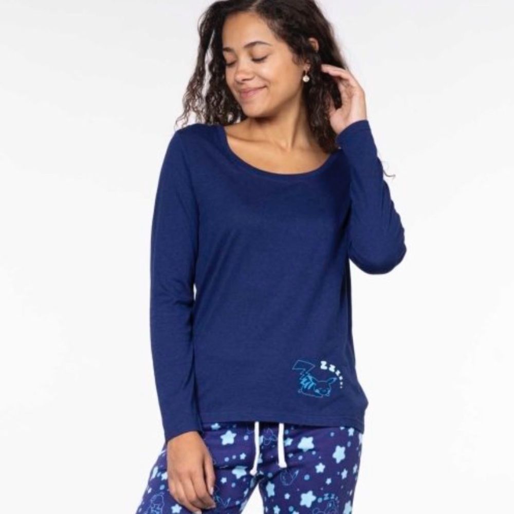 Pikachu  - Women’s Blue Relaxed Fit Scoop Neck Long-Sleeve T-Shirt